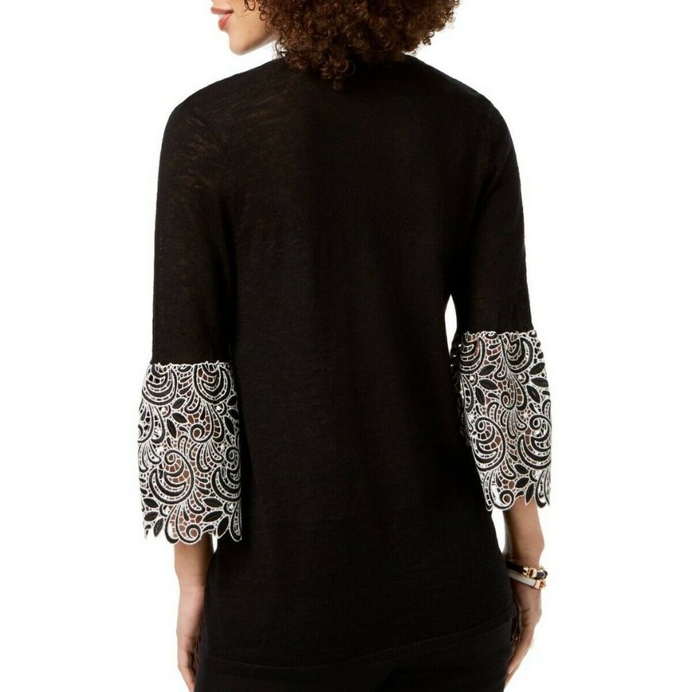Alfani Black Cardigan with White Lace Sleeves - Picture 2 of 8